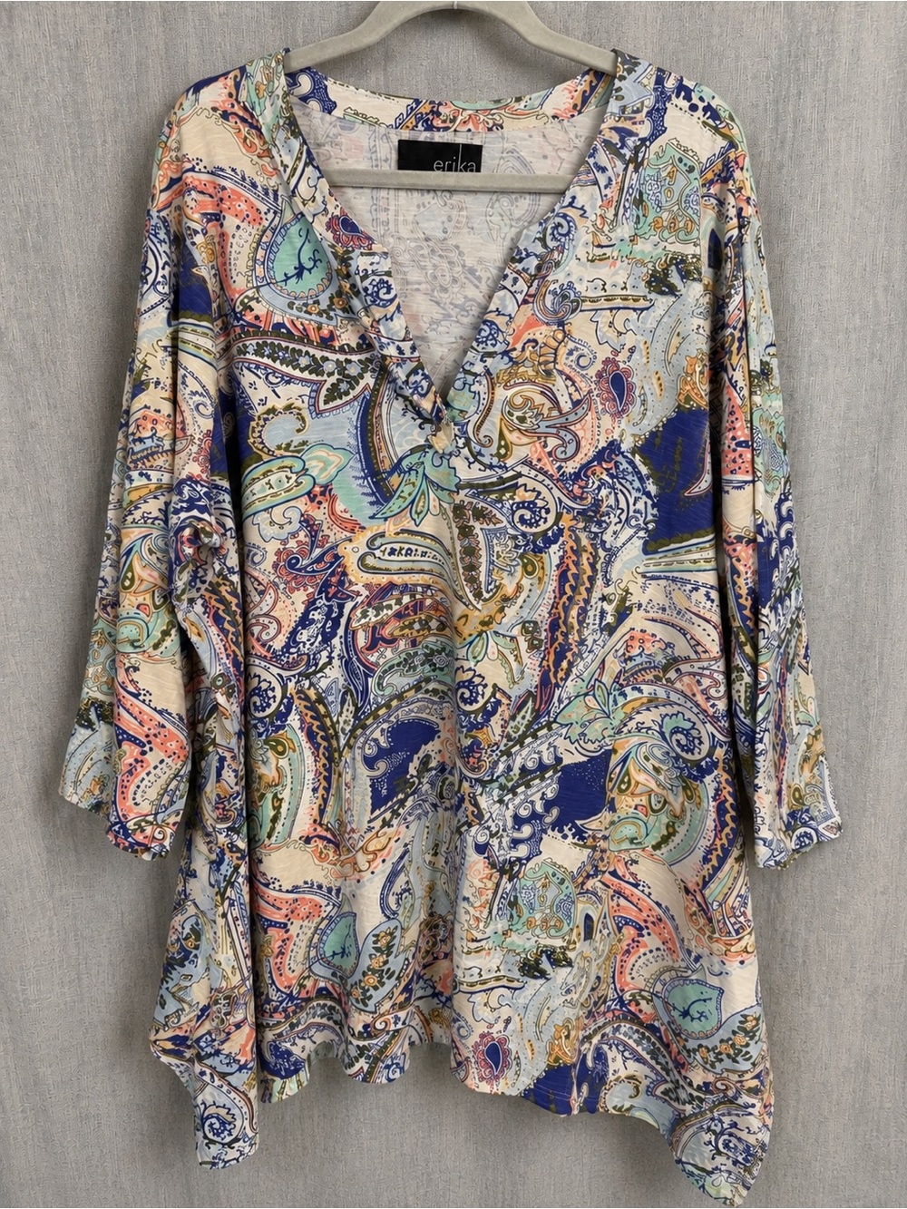 Erika 2X Paisley Cotton Tunic V Neck Blouse Top Handkerchief Hem Boho